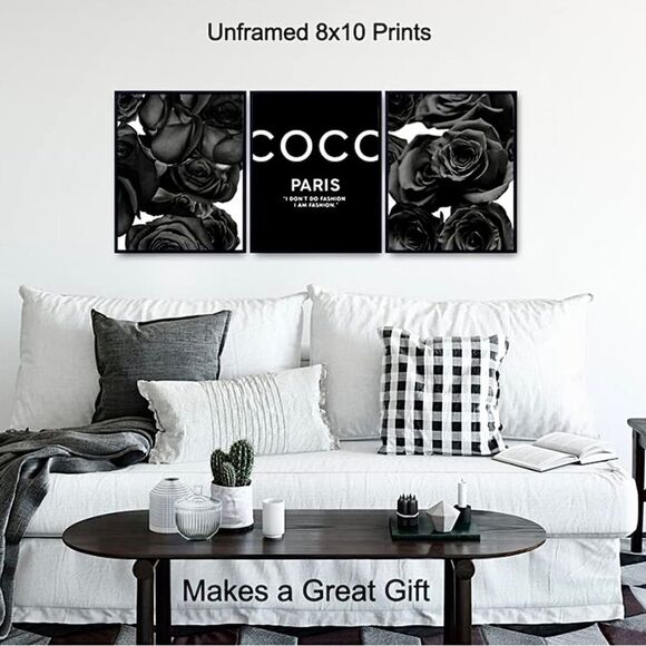 Chanel B&W Roses Picture print collection-Glam Wall Art Chic Modern black rose - Picture 2 of 6